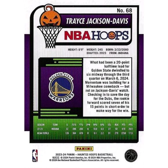 2023-24 Haunted Hoops Basketball Card #68 Trayce Jackson-Davis - Picture 2 of 2